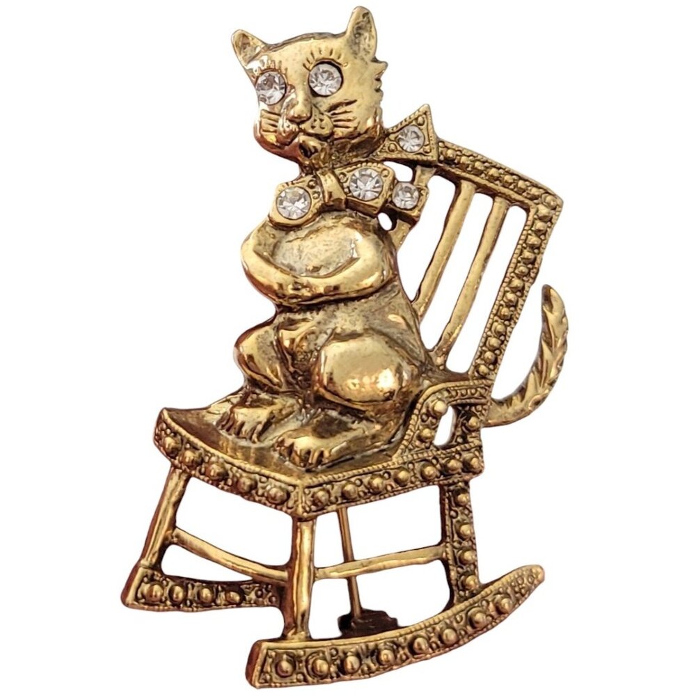 1928 Brand Clear Rhinestone Cat in Rocking Chair Brooch Pin E638